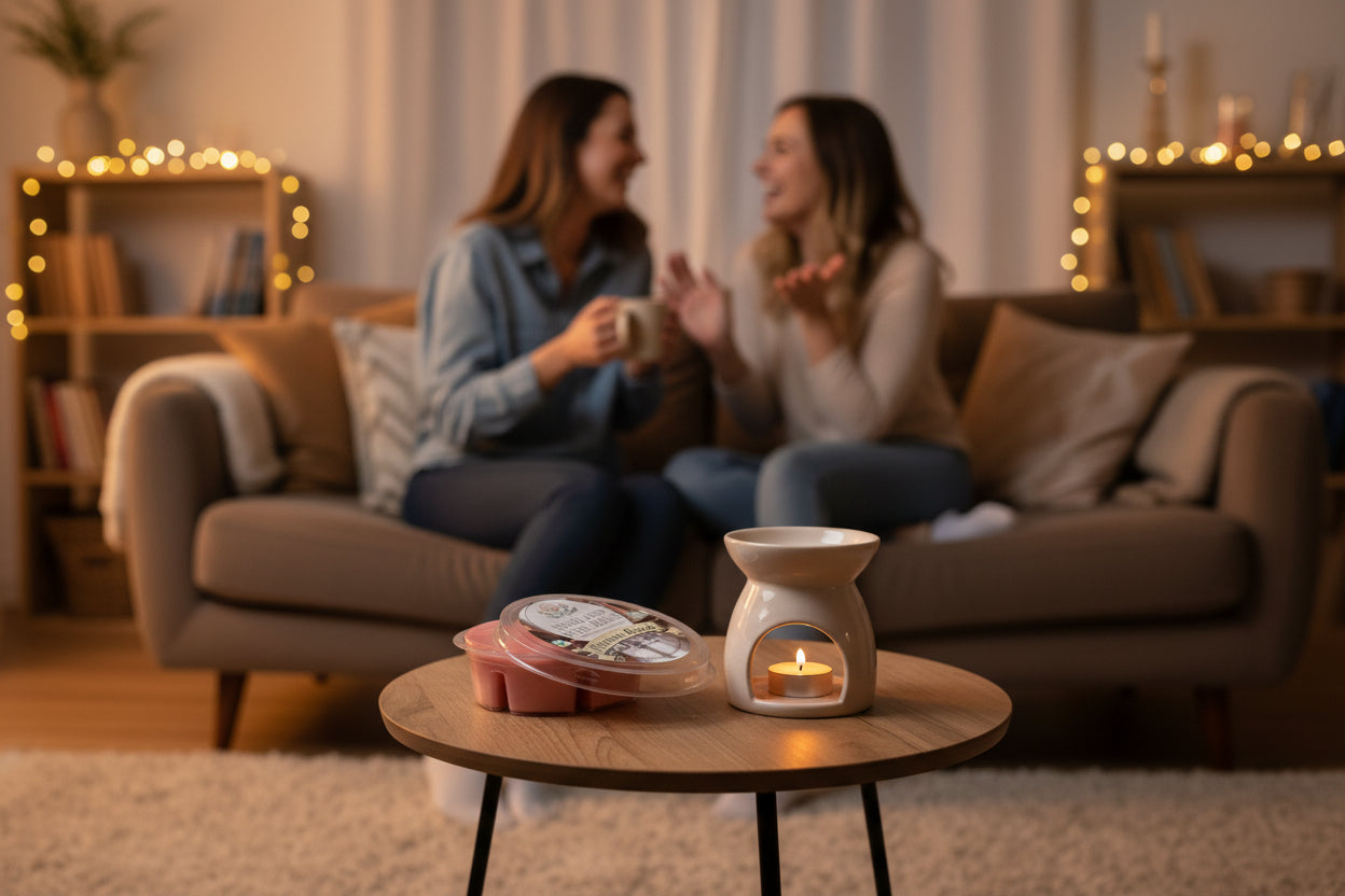 two women sitting and chatting in living room with wax melt pot on table.
