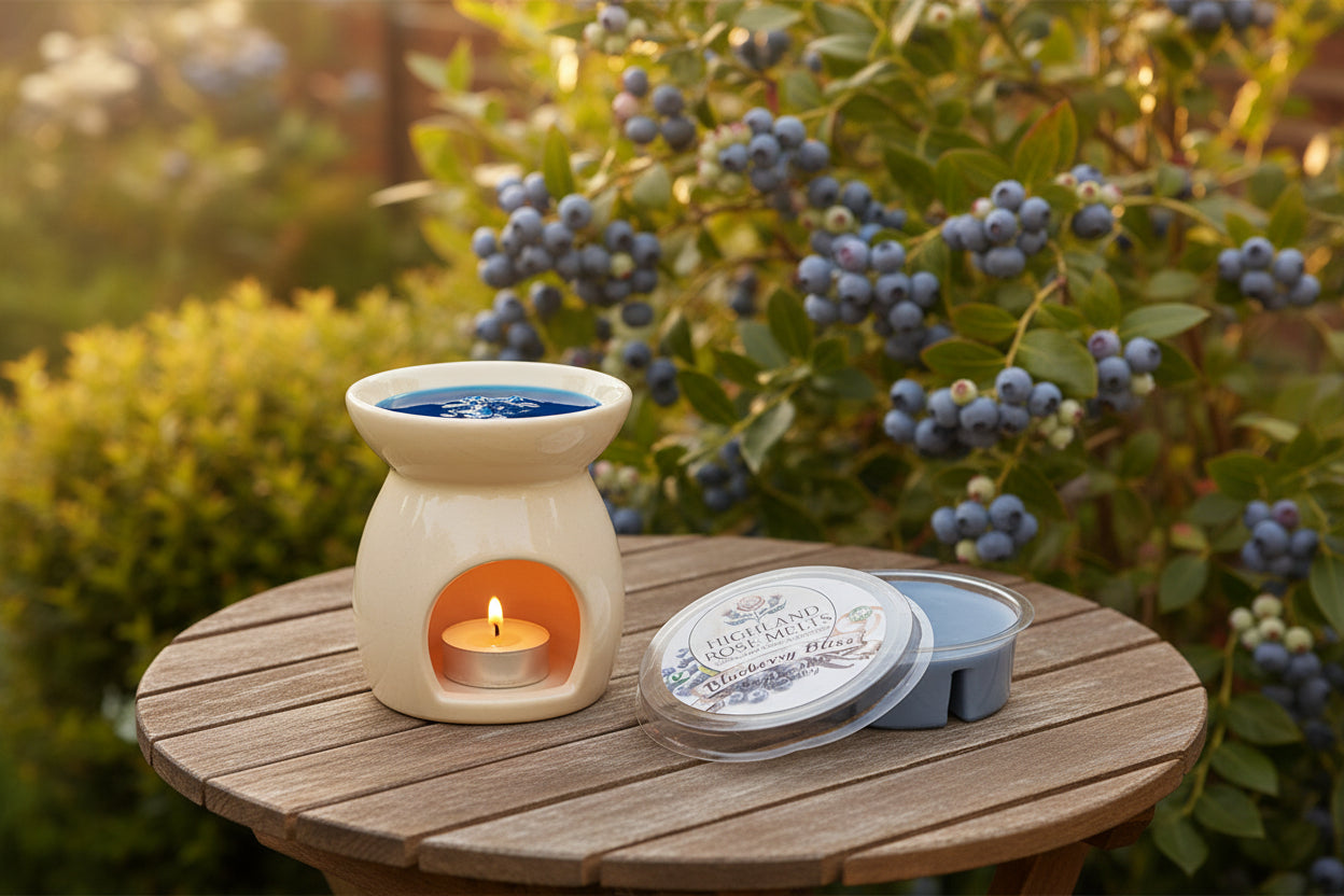 Container of Highland Rose Melts Blueberry Bliss on a table.