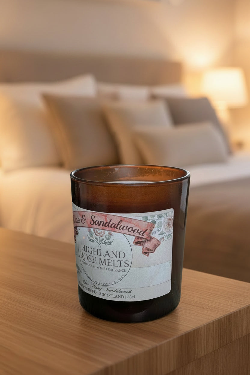 Candle in a glass jar with a label on a wooden surface