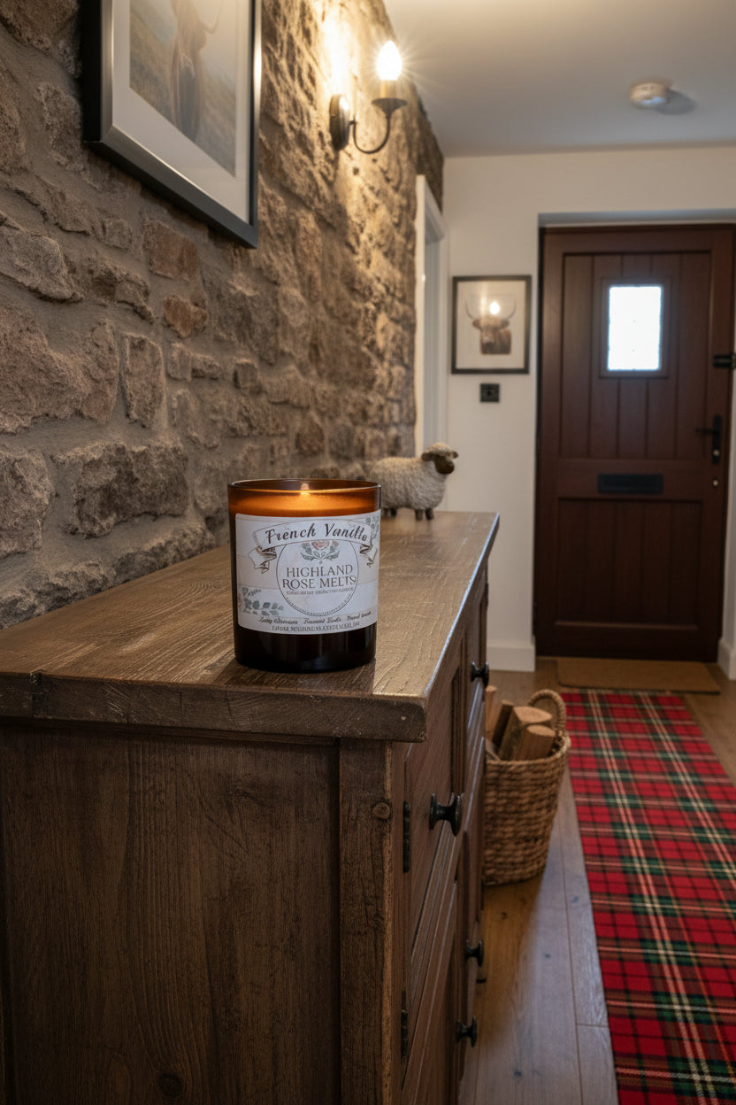 Candle with a label reading 'French Vanilla' by 'Highland Rose Melts' on a wooden surface.