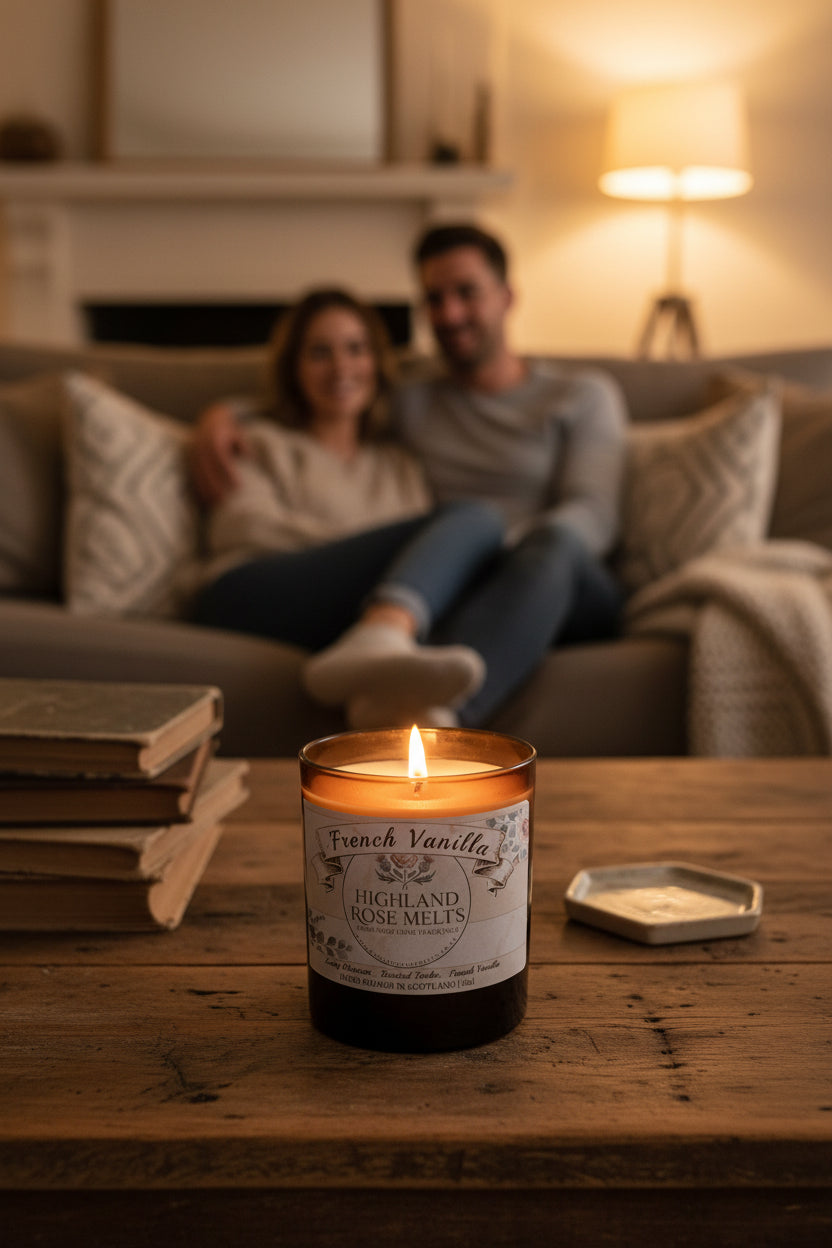 Candle with a label reading 'French Vanilla Highland Rose Melts' on a wooden surface.