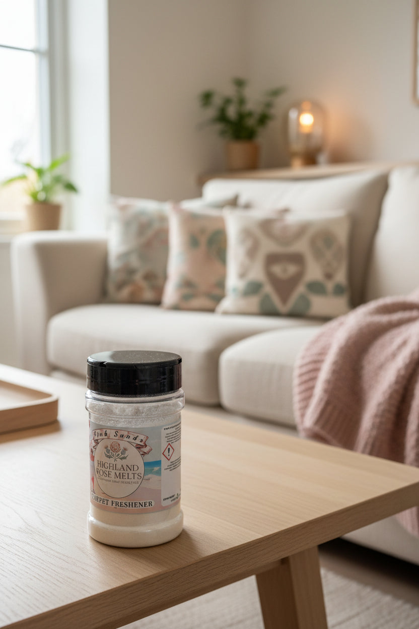 Jar of air freshener on a wooden table in a living room with a couch and plants in the background.