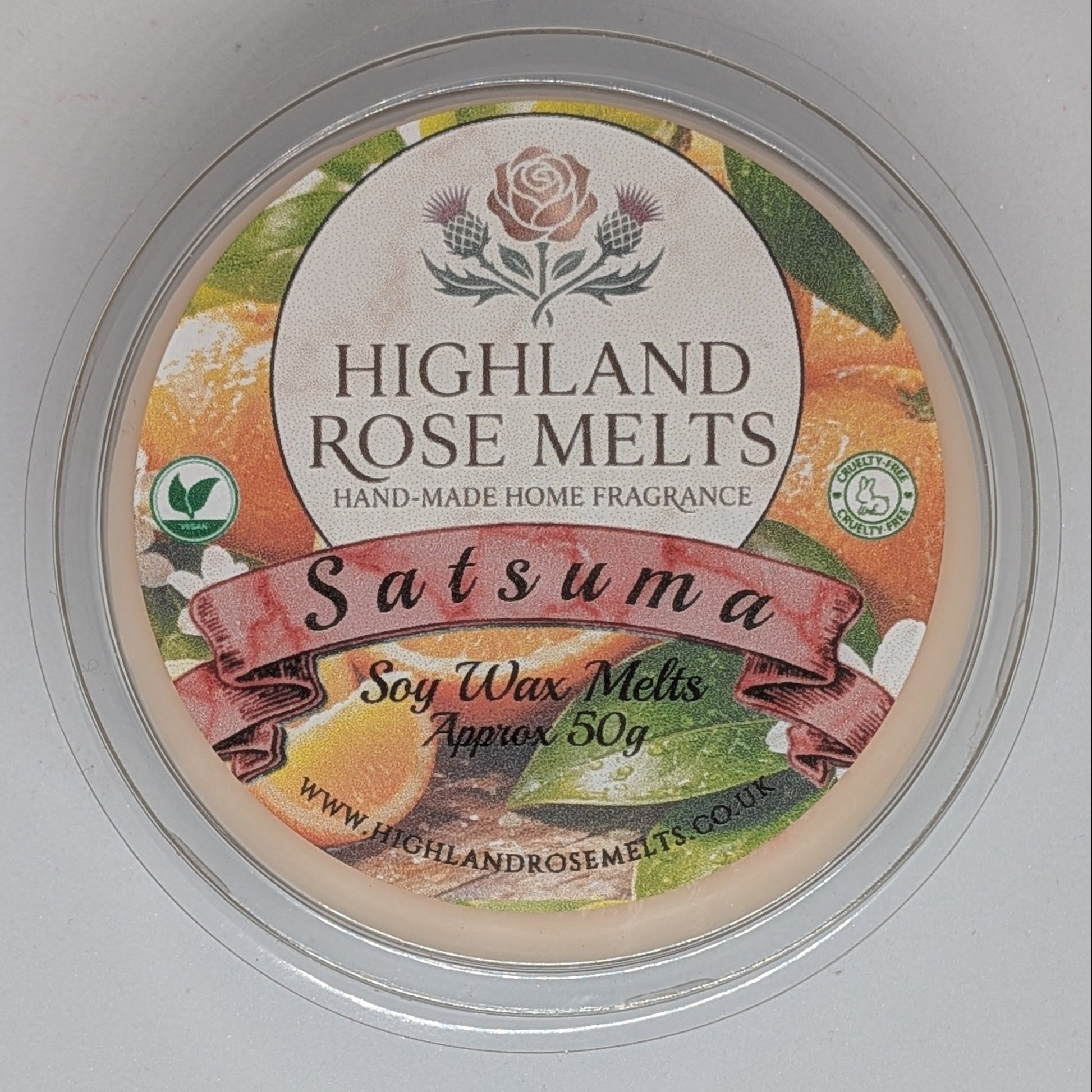 Highland Rose Melts Saltsma soy wax melt container on a white background