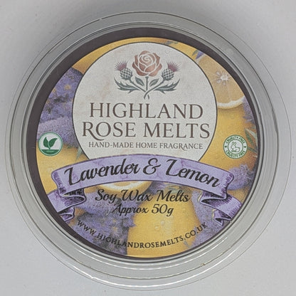 Container of Highland Rose Melts Lavender & Lemon soy wax melts on a gray background