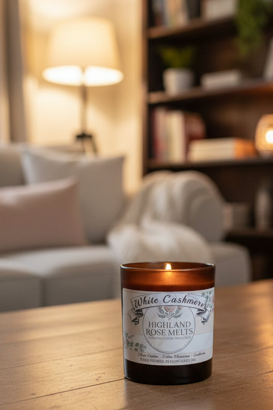 Candle labeled 'White Cashmere Highland Rose Melts' on a surface.