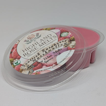 Pink wax melt container with 'Highland Rose Melts' label on a white background